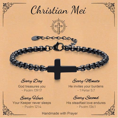 Cross Chain Bracelets for Men Women, Black Stainless Steel Cross Charms Men's Bracelet, Faith Religious Easter Catholic Christian God Jesus Communion Baptism Jewelry Gift with Card (Christian Mei)