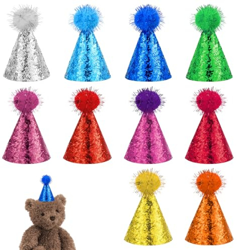 10 mini sombreros de cumpleaños para juguetes de animales de peluche, sombreros de fiesta de cono con purpurina con pompones para niños, mascotas, decoraciones de bricolaje, mini sombrero de perro