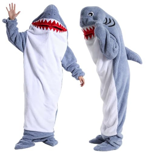 FARYODI Coperta con Cappuccio e Maniche Shark L (155-170cm), Sacco a Pelo Shark con Cappuccio, Tuta in Flanella con Piedi, Coperta in Flanella Shark, Regalo per Pigiama Party a Tema Cartoni Animati