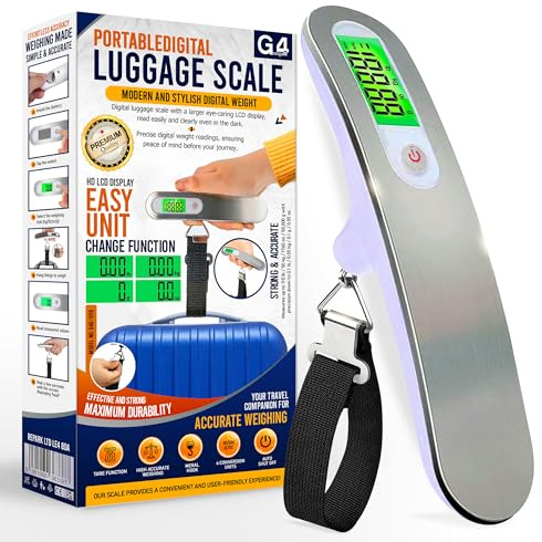 G4GADGET Digital Luggage Scale | Heavy Duty Stainless Steel Suitcase Weighing Scale with LCD Display, Tare & Auto-Off | 4 Unit Modes (g/kg/lb/oz) | Light Weight Travel Essentials & Holiday Accessory