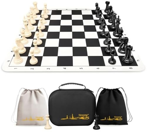 Tournament 20-inch Silicone Chess Board with 3.5 King Quadruple Weighted Pieces, 2 Extra Queens & Dust Brush for Easy Care. Professional Portable Chess Set in Storage Bag