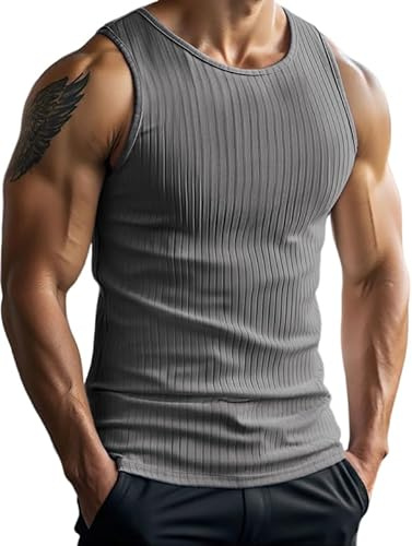 PINSPARK Mens Ribbed Gym Vest Breathable Sleeveless Muscle Tank Top | 65% Polyester 28% Rayon 7% Spandex rib stretch fabric, soft breathable, slim fit, gym casual wear, machine wash colourfast