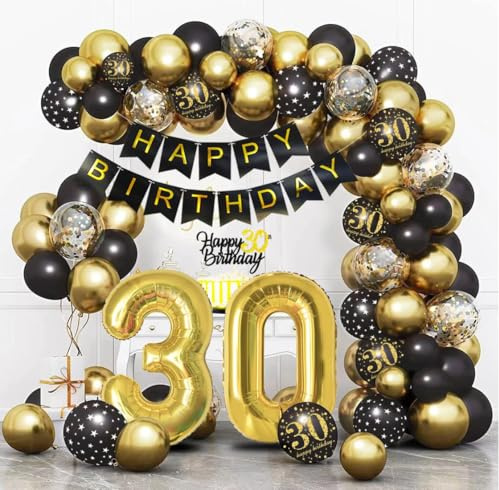 Decoration Anniversaire 30 Ans Noir Or, Arche Ballon 30, Guirlande Anniversaire, Confetti Ballons, Décorations de Fête Noir Or pour 30 Ans Femme Homme