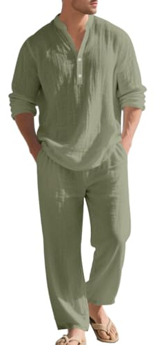 Oanviso Hombre 2 Piezas de Algodón y Lino Mangas Larga Camisa Moda Camiseta + Pantalones de Playa Deportivos Pantalón Completo Casual Traje Conjuntos Primavera Verano