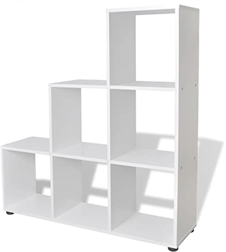 Mhdvray Scaffale a scale, libreria, bianco, scaffale a gradini con 6 scomparti aperti, scaffale funzionale per libri e decorazioni, dimensioni 104 x 29 x 107 cm, ripiano stabile per soggiorno e