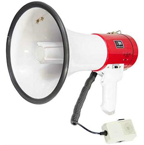 PYLE PMP58U MEGAFONO ROSSO 50 WATT MAX SIRENA UDIBILE FINO A 1000 METRI INGRESSO USB MEMORIA INTERNA 6 GB MICROFONO SEPARATO A FILO FUNZIONA A BATTERIE O CON TRASFORMATORE 12 VOLT