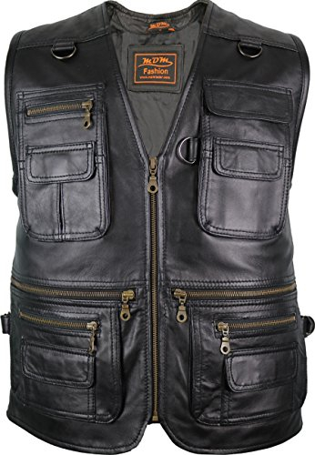 MDM Herren Lederweste, Freizeitweste, Jagdweste, Anglerweste, Chopperweste, Rockerweste, Bikerweste,, Schwarz, XL