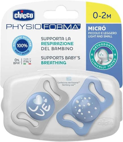 Chicco PhysioForma Succhietto Micrò 0-2 Mesi, Ciuccio con Tettarella in Silicone, Supporta la Respirazione Fisiologica e Favorisce il Corretto Sviluppo della Bocca, Azzurro in Colori Assortiti