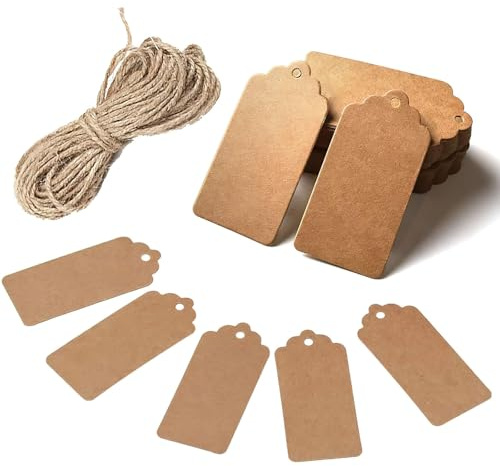 HAKACC Brown Kraft Gift Tags, 100Pcs, 7×4cm, Equipped with Binding Strings | Blank Writable Surface, for Wedding Marking, Birthday Gift Tagging, Jar Sorting, Retail Commodity Labelling