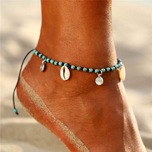 Jovono Blue Boho Perlen Fußkettchen Muschel Fußkettchen Armbänder Mode Strand Fußschmuck mit Herz für Frauen und Mädchen