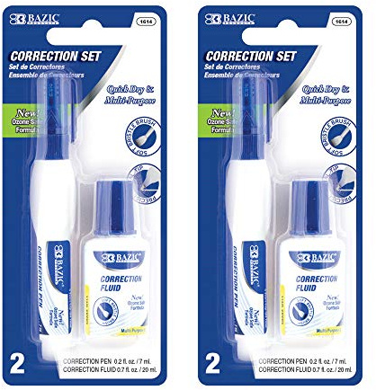 BAZIC PRODUCTS Correction Fluid, Soft Bristle Brush & Precise Metal Tip Applicator, Fine Point Corrections Pen White Out Wipe Out Liquid (2/Pack), 2-Packs