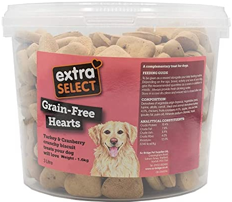Extra Select Grain Free Baked Heart Shaped Dog Treat Biscuits with Turkey & Cranberry in a 3ltr Bucket (approx 320 biscuits)