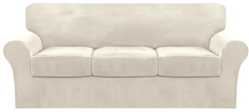 FantasDecor 4 Piece Sofa Velvet Couch Covers for 3 Cushion Stretch Slipcover with Individual Seat Cushion Elastic Furniture Protector for Pets, Machine Washable (Sofa, Ivory)