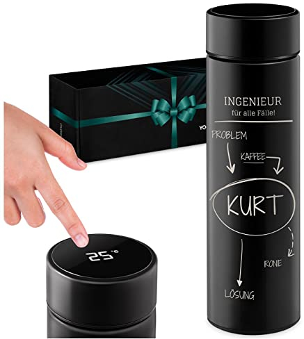 Maverton Thermobecher 450 ml - Isolierbecher personalisiert - 100% dicht - Led Temperatur Anzeige - Weihnachtsgeschenke - Edelstahl Kaffeebecher To-Go - Geschenk für Männer - schwarz - Lösung
