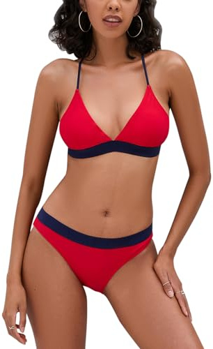 iSLASISIA Set Bikini da Donna, Triangolo, Fascia Sottoseno Ampia, Costumi da Bagno, Costume da Bagno a Due Pezzi (Rosso & Blu, EU40)