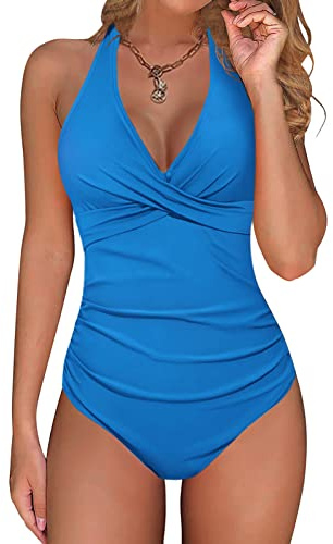 Voqeen Traje de Baño de Una Pieza Mujer Control de Barriga Fruncido Bañador Halter Cuello en V Push Up Traje de baño Acolchado Monokinis
