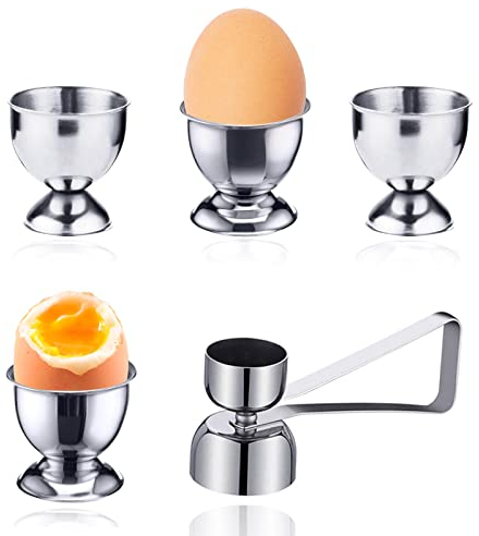 Stainless Steel Egg Cups, 4 Pieces Breakfast Tray Egg Cup Holder, Egg Holder Set, Comes with an Egg Opener, Small Wine Glass Shape