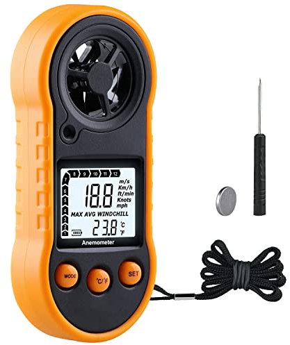 XinJiaYi Digital Wind Gauge, Air Flow Meter - LCD, Yellow, 1 AAA Battery Included, Multi-purpose Anemometer for Measuring Wind Speed & Temperature, Ideal for Sailing, Surfing, Fishing, Kite