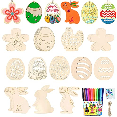 Ostern Basteln Holz, 36 Stück Ostern Holzanhänger, DIY Anhänger Ostern, Ostereier Holzbastelset für Kinder, Osterhase Ostereier Küken, Ostereier zum Bemalen, Holzanhänger Ostern für Osterdeko