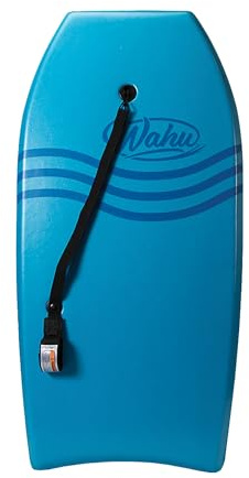 WAHU Bac Pak Bodyboard Pro with Leash, Crescent Tale, EPS Core, XPE Deck, and HDPE Slick Bottom, 41 Lightweight Beach Body Board for Ages 10+, Blue/Dark Blue