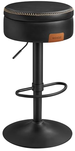 VASAGLE EKHO Kollektion - 360° drehbarer Barhocker, höhenverstellbarer Barstuhl, mit Stauraum, Kunstleder, Nähte, Mid-Century-Modern-Stil, Küche, Hausbar, einfache Montage, tintenschwarz