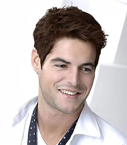 Siudus Mens Short Dark Brown Wigs Natural Replacement Synthetic Hair Wig for Daily Use