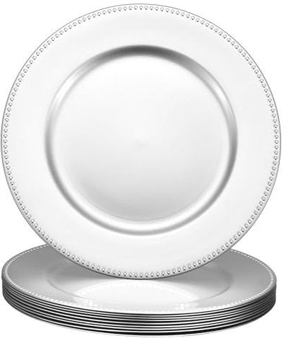 uxcell 10pcs Charger Plates Bulk 13 Inch Plastic Charger Plates Round Plate Chargers for Dinner Wedding Party Event Table Setting Decoration Silver