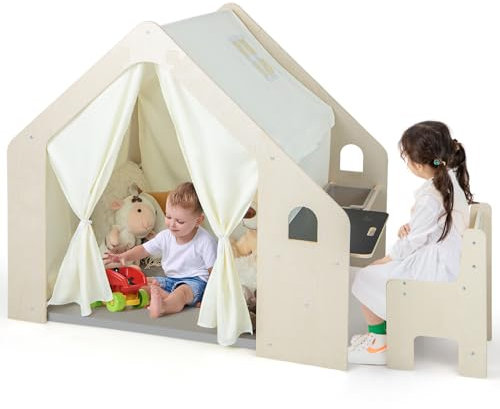COSTWAY 6 en 1 Tente de Jeu en Bois Enfant avec Tableau Noir & Chaise & Bac, Maison de Jeu Enfant avec Coussin de Sol Amovible & Rideaux, Maisonnette pour 3-4 Enfants de 2-6 Ans, 131x98x113cm