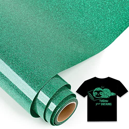 IModeur Glitter Green Iron on Vinyl — 30.5 x 153 cm Heat Transfer Vinyl for Fabric, PET Backing HTV Roll for T-Shirts, Clothes, Hats, Bags and Other Textiles, Easy to Weed