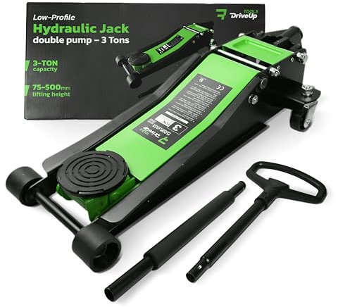 DRIVEUPTOOLS Cric idraulico a carrello 3T- Gato hidraulico Profesional.- Gato hidraulico Con Carretilla - Doble pistón elevación 75-500mm - Gato para Coche Capacidad Hasta 3000kg