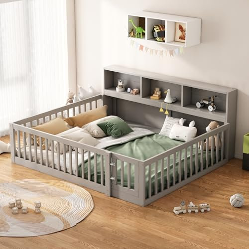 Kinderbett Bodenbett Doppelbett 140x200cm mit Sicherheitsgitter, Lattenrost und Staufach, Montessori Bett Bed Gitterbett Tagesbett Schlafsofa Holzbett Bettgestell Daybett Jugendbett, Kiefernholz, Grau