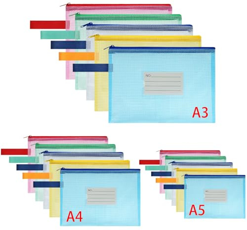 OFFCUP Pochette en PVC Zip Document Dossier, 15pcs A3+A4+A5 Zip Sac de Dossier Stockage Sacs à Glissière avec sac d'étiquette pour Produits de Beauté Articles de Bureau Accessoires de Voyage (Couleur)