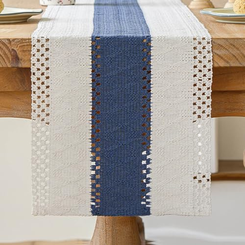 Kiatuniya Camino de Mesa Beige y Azul Marino Boho de Macramé y Ganchillo con Encaje Camino de Mesa Moderno Estilo Rústico Vintage Corto Decoración de Mesas para Bodas Fiestas al Aire Libre 30x180cm