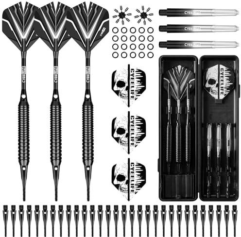 CyeeLife Juego de dardos de punta suave con cañón de latón, dardos profesionales de punta de plástico, ejes de aluminio/PC + 6 plumas + 30 puntas suaves + 20 anillas en O + 2 protectores de plumas + 1