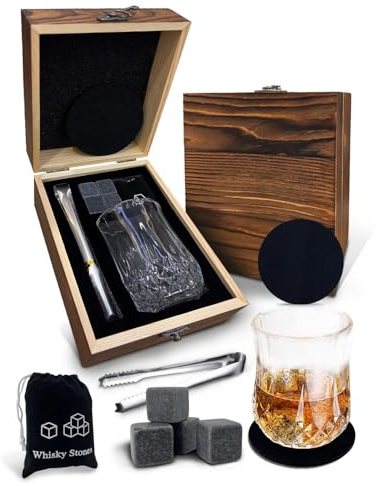 Whiskey Gift Sets for Men, Whiskey Glass Set with 4 Reusable Whiskey Stones and Ice Tongs, Premium Tumbler, for Dad, Boyfriend, Husband