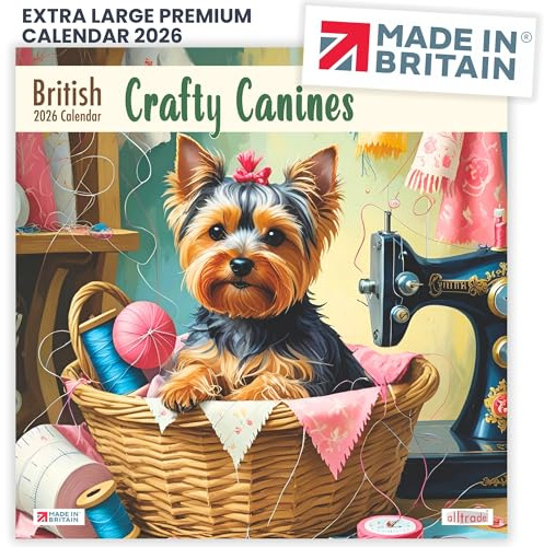 ALLTRADE Calendar 2026 Funny Dogs Gift Cute Crafty Canines Month to view Large Wall 2026 Calendar UK Holidays MADE IN BRITAIN® on FSC® stock great Gift for Mom Dad colleague friends & family