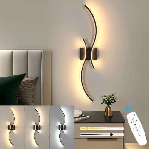 Goeco Applique LED da Parete Interni, 32W 80 CM Luci da Parete Dimmerabile Lunga con Telecomando 3000K-6500K con 2 Luminosi Ondulati per Soggiorno, Camera da Letto, Nero
