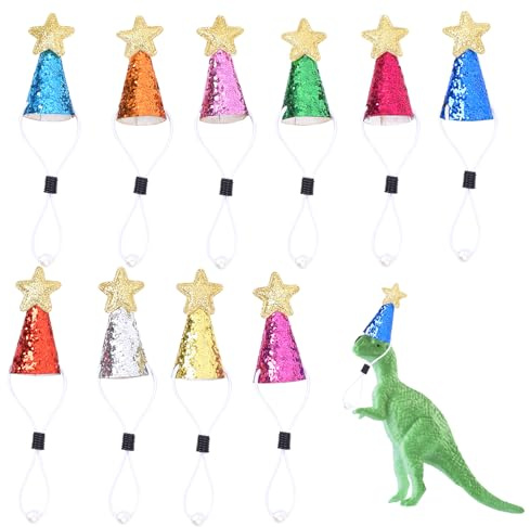 CYMYGS 10pcs Mini Party Hats for Stuffed Animals, Figures Toys Tiny Glitter Cone Birthday Party Hats, Shining Star Tiny Birthday Colorful Doll Hats for Doll Cat Dog