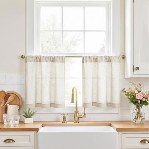 Hedremy 2 Stück Kurzvorhänge, Küchenvorhänge Weiss Leinen 60x65cm, Moderne Küche Gardinen mit Leinenoptik, Lichtdurchlässig, für Küche, Bad, Wohnzimmer und Wohnmobil – Ideal für Kleine Fenster