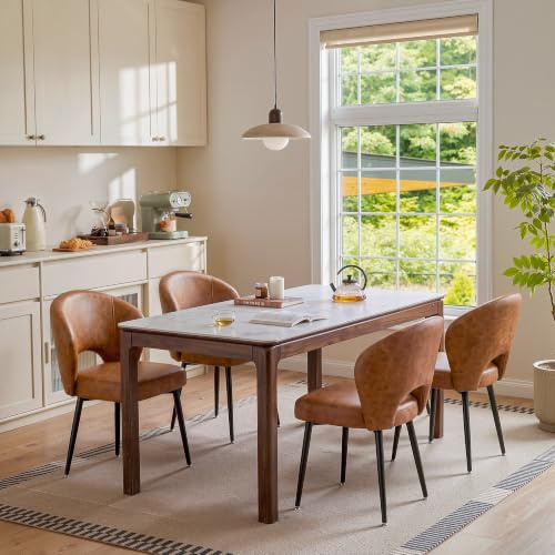 Cliporix Dining Chairs Set of 4, Curved Hollow Backrest, Easy-Clean Faux Leather, Soft Cushion Seat & Durable Metal Frame for Kitchen, Living Room, or Café, Retro Brown