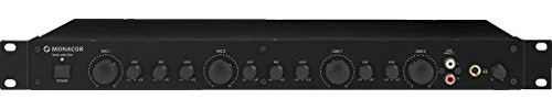 MONACOR VMX-440/SW 4-Kanal Mikrofon Line-Mixer für den Rack-Einbau, Mikro-Verstärker mit 2 Stereo Line-Eingängen und 2 symmetrischen Mikrofon-Eingängen, in Schwarz 202530