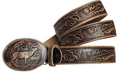 Trachtengürtel Trachten Gürtel für Lederhose Ledergürtel braun Leder geprägt Schnalle echt versilbert Herren Damen Handarbeit Austria Herrengürtel Damengürtel Jagd Hirsch, Größe/Länge:140
