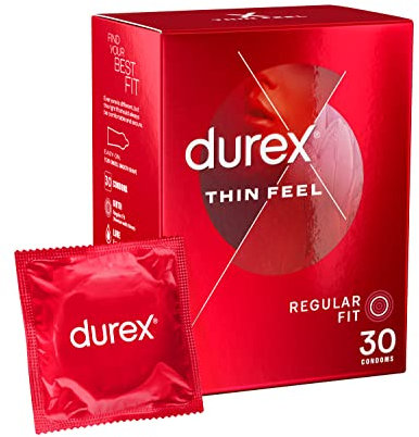 Durex Thin Feel, 30 Condoms, With Silicone Lube, Easy On Shape, Regular Fit, Natural Latex, Thin for More Sensitivity, Same Durex Security and Protection, Teat Ended