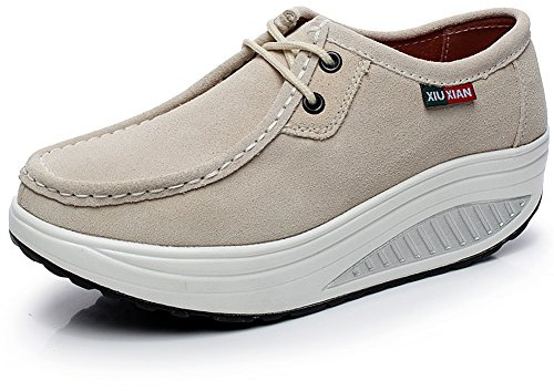rismart Mujer Plataforma Calzo Aptitud para Caminar Beige Ante Cuero Entrenadores Zapatos Beige 40 EU