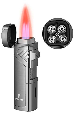 PIPITA Antivento Accendino, Accendisigari per Sigaro Turbo 4 Torcia Jet Rosso Fiamma Ricaricabile Gas Butano Accendino con Punch (Venduto Senza Gas)