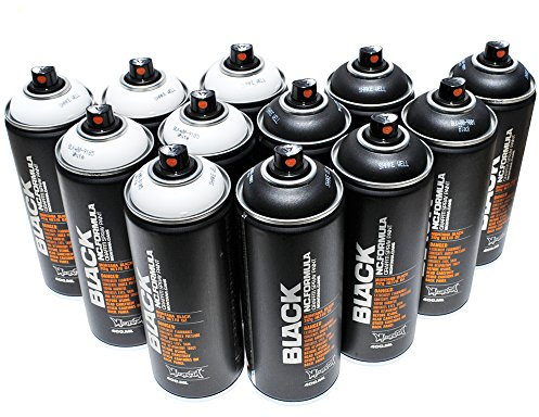 Montana BLACK 400 ml Set mit 12 Graffiti Street Art Wandbild Sprühfarbe (schwarz & weiß)
