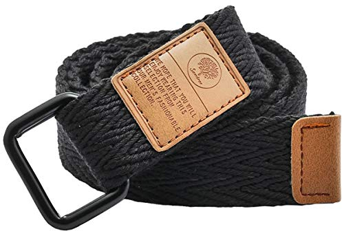 KYEYGWO Leinwand Gürtel für Damen und Herren, Verstellbare Canvas Stoffgürtel mit Doppel D-Ringe Schnalle, Schwarz(110cm Gesamtlänge)