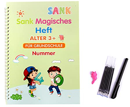 Sank - Quaderno di esercizi “Numeri” per bambini, riutilizzabile, per imparare a scrivere, edizione tedesca, 26 x 18,5 cm, con penna (lingua italiana non garantita)