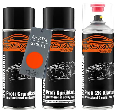 TRISTARcolor Peinture moto Kit bombes de peinture 2K pour KTM SY001.1 Orange Peinture de fond peinture de base vernis clair 2 composants aérosol