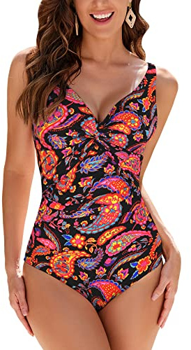 WIN.MAX Costumi da Bagno Interi per Donna Scollo a V Costume Intero Donna con Controllo della Pancia Monokini con arricciature, per Coppe da D a G